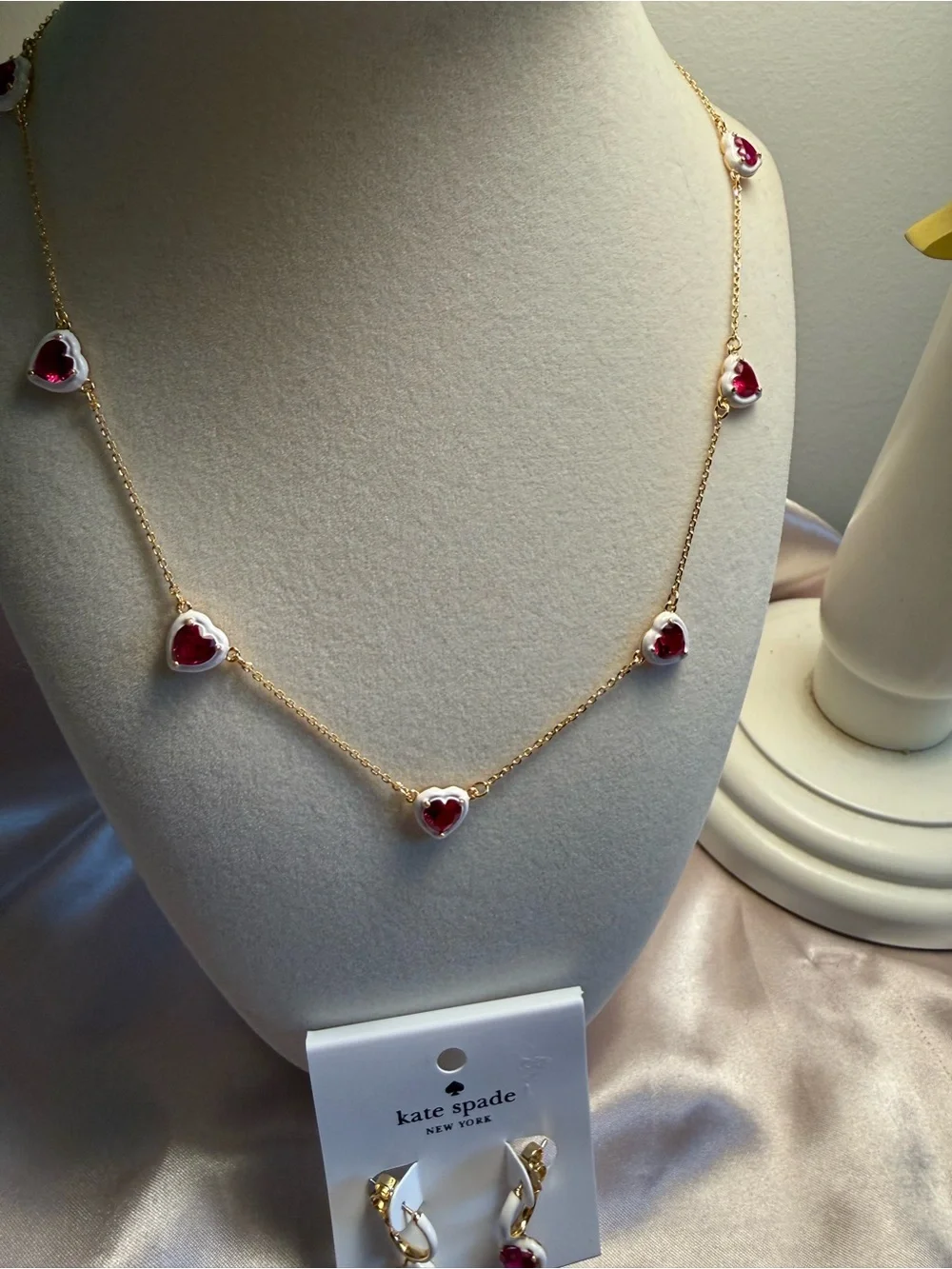 kate spade Gold Necklace & Earrings with Red Heart Charms and White Accents